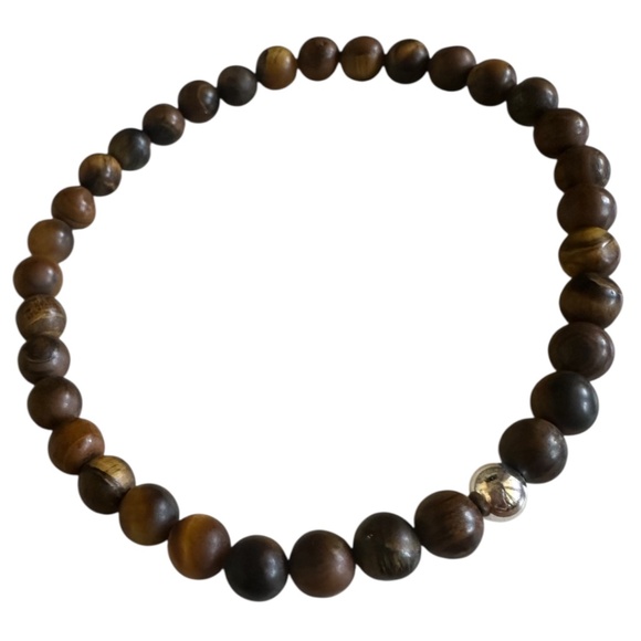 Matte Brown Tiger Eye Stretch Bracelet with Sterling Silver Ball Spacer - Picture 1 of 7